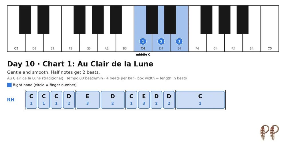 Piano lesson Day 10, chart 1: Au Clair de la Lune