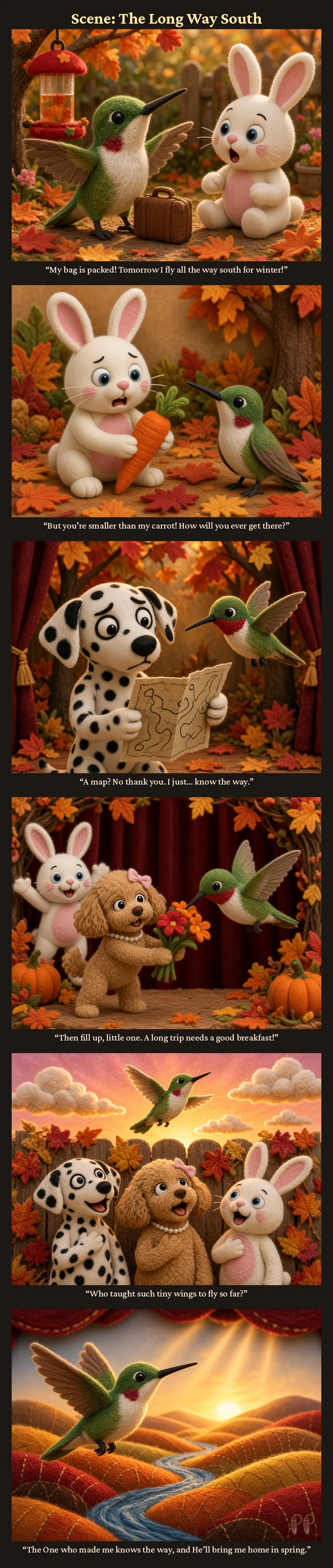 Storyboard, Scene: The Long Way South. Six panels: the little hummingbird packs her suitcase to fly south for winter, the bunny worries she is smaller than a carrot, the dalmatian offers a map and she says she just knows the way, the goldendoodle brings flowers for a good breakfast, the friends wonder who taught such tiny wings to fly so far, and she flies off over the hills at sunset. The One who made her knows the way, and He will bring her home in spring.